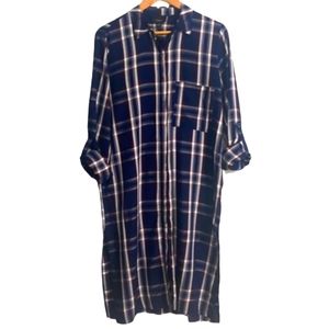 Lumiere Navy Burgundy White Stripe Plaid  Button Up Shirt Dress Size L